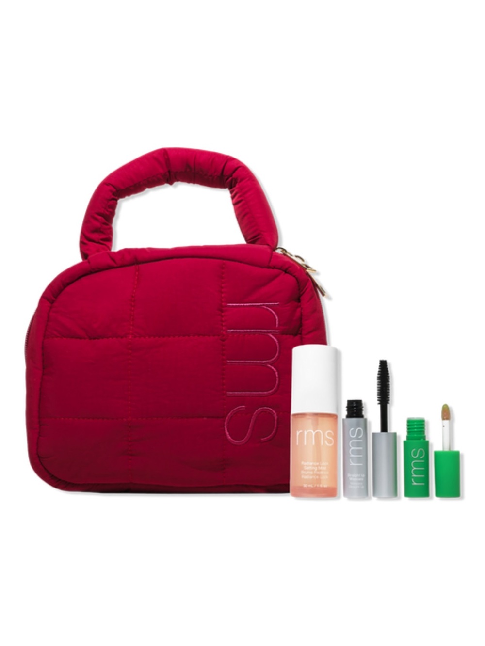 RMS Beauty Quilted Cosmetic Case & Beauty Gift Set: Lip Oil, Mascara & Setting